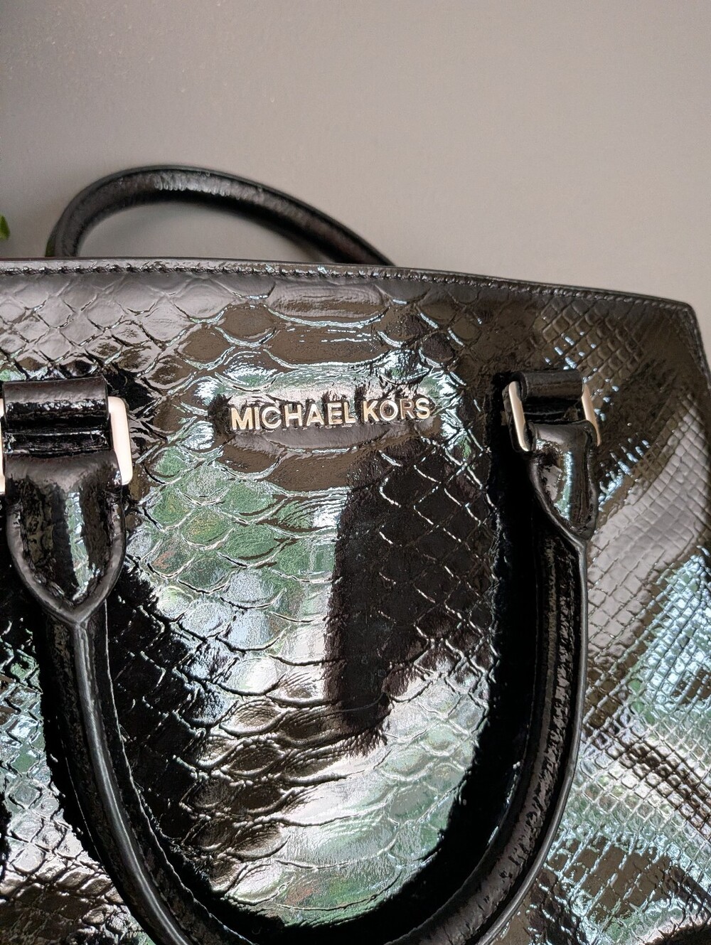 Michael Kors Black Patent Snake-Embossed Leather Tote Purse - Picture 2 of 9